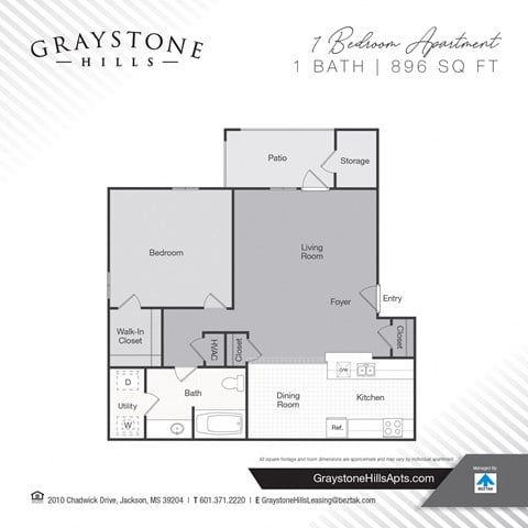 Floor plan for 1 bed, 1 bath, 896 sqft